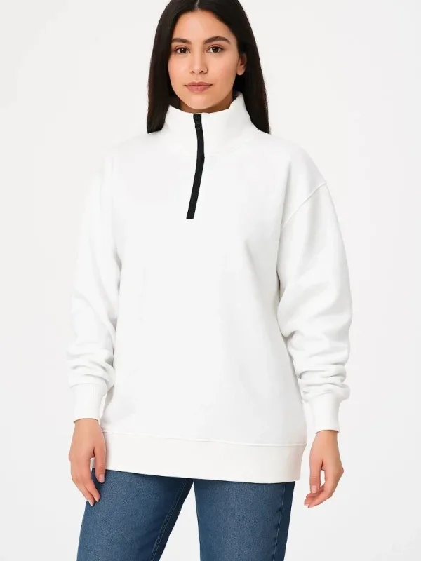 Női Fehér Félcipzáras Állógalléros 3 Szálas Pamut Sweatshirt 3