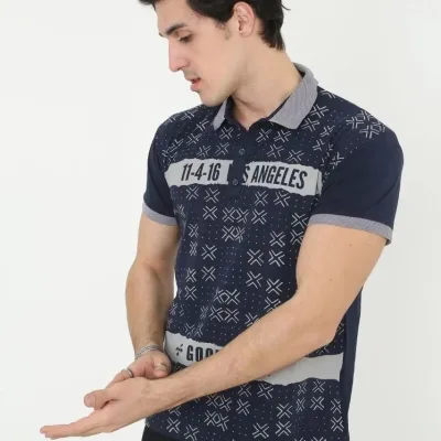 Kişi Tünd Göy Slim Fit Polo Yaxalı Baskılı Qısaqol Köynək 3