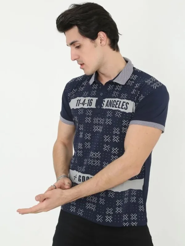 Kişi Tünd Göy Slim Fit Polo Yaxalı Baskılı Qısaqol Köynək 3