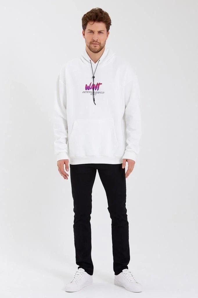 Ανδρικό Λευκό Oversize 3-κλωνο Βαμβακερό Φούτερ με Στάμπα και Κουκούλα