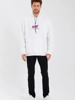 Ανδρικό Λευκό Oversize 3-κλωνο Βαμβακερό Φούτερ με Στάμπα και Κουκούλα
