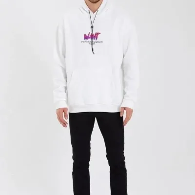 Ανδρικό Λευκό Oversize 3-κλωνο Βαμβακερό Φούτερ με Στάμπα και Κουκούλα 1
