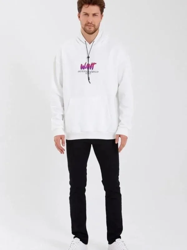 Ανδρικό Λευκό Oversize 3-κλωνο Βαμβακερό Φούτερ με Στάμπα και Κουκούλα 1