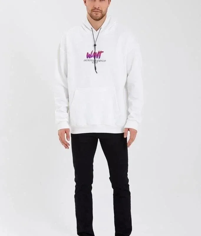Ανδρικό Λευκό Oversize 3-κλωνο Βαμβακερό Φούτερ με Στάμπα και Κουκούλα