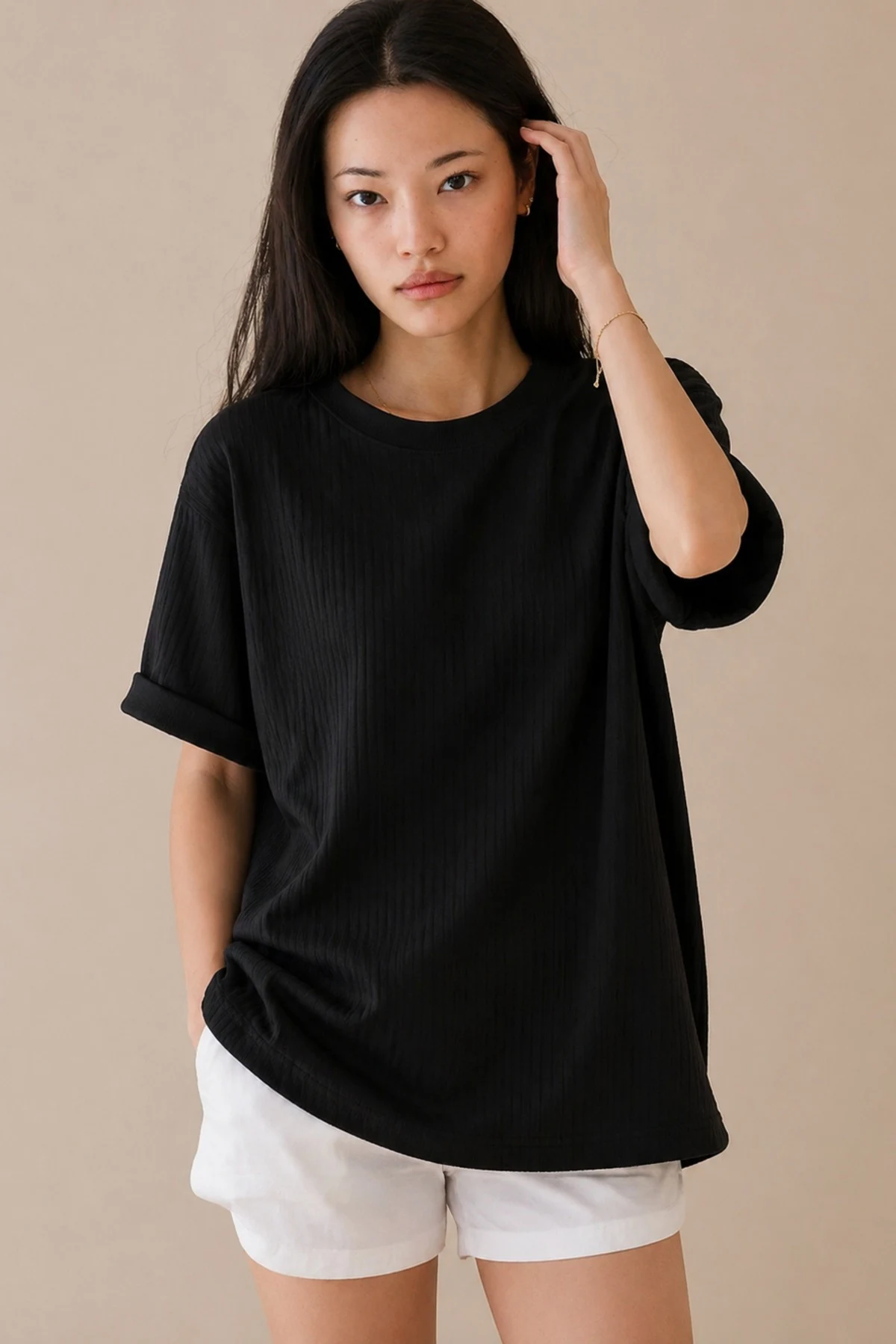 Black Ribbed Oversize Loose Fit Basic T-Shirt