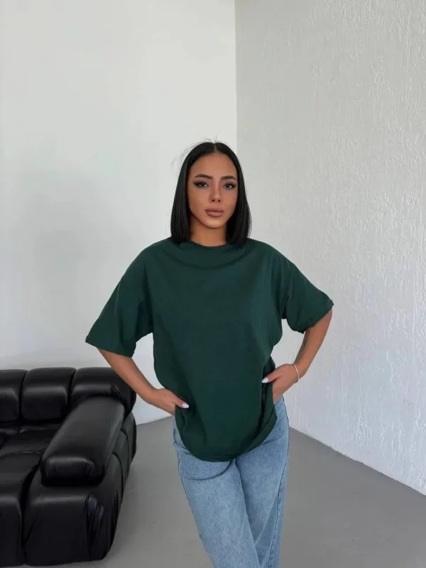 Ženska Haki Oversize Bicikli Kragna Obična Kratkih Rukava Majica 4