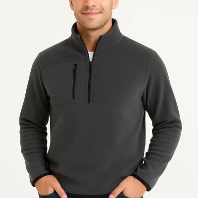 Pánsky dymový fleece stojatý golier polovičný zips s náprsným vreckom sveter 3