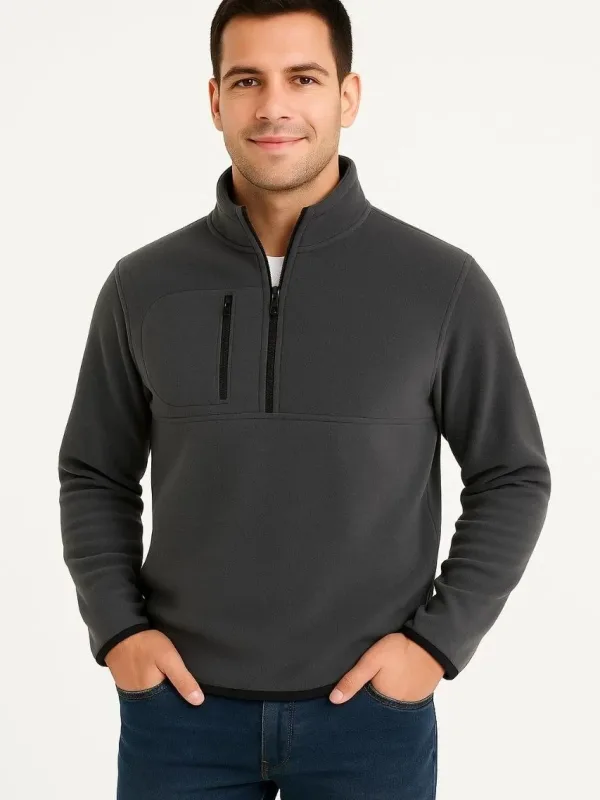 Pánsky dymový fleece stojatý golier polovičný zips s náprsným vreckom sveter 3
