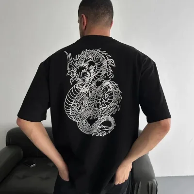 Men's Black Regular Fit Cycling Neck Front Back Printed T-Shirt 3