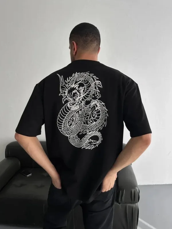 Men's Black Regular Fit Cycling Neck Front Back Printed T-Shirt 3