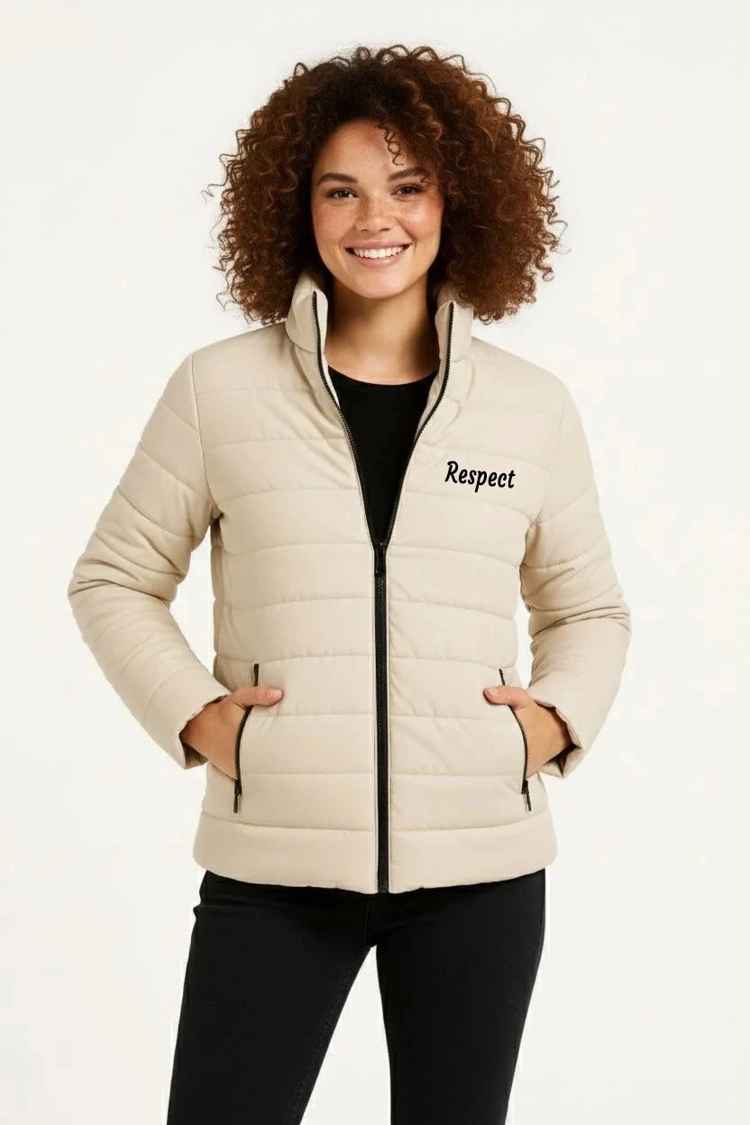 Women's Beige Micro Water Repellent Quilted Printed Zippered Bomber Jacket