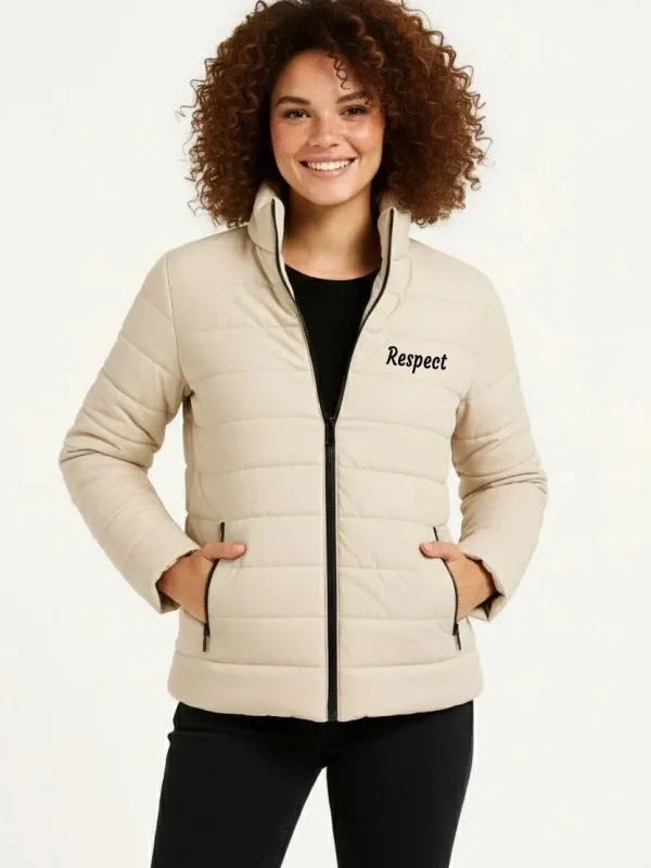 Women's Beige Micro Water Repellent Quilted Printed Zippered Bomber Jacket 1