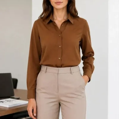 Women's Brown Long Sleeve Classic Collar Button Down Shirt 2