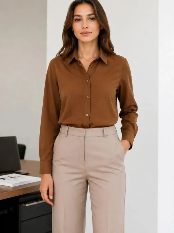 Women's Brown Long Sleeve Classic Collar Button Down Shirt 2