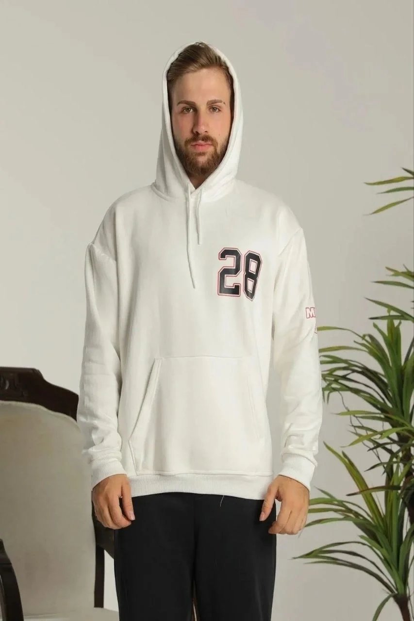 Λευκό Ανδρικό Oversize 3-Νήμα Βαμβακερό Κουκούλα Εκτύπωση Τσέπη Φούτερ