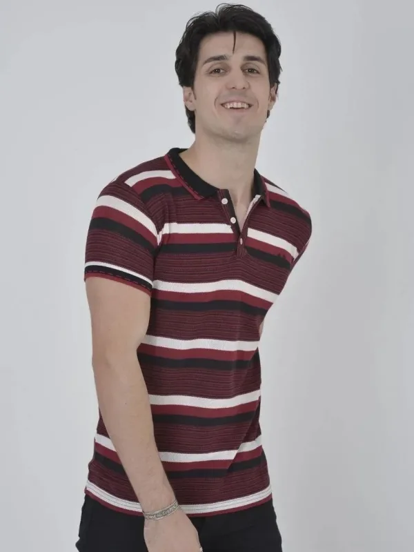 Muški bordo slim fit tkani prugasti polo ovratnik majica 3