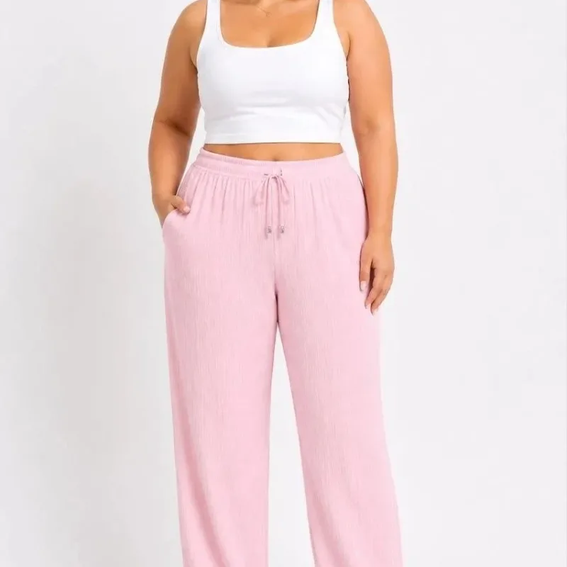 Women's Pink Wide Leg Crepe Elastic Waist Palazzo Pants