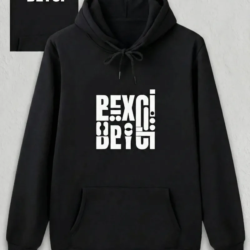 Férfi Fekete Oversize Nyomott Kapucnis Sweatshirt