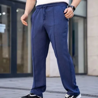 Muške tamnoplave udobne lanene jogger pantalone sa džepovima i šavovima 4