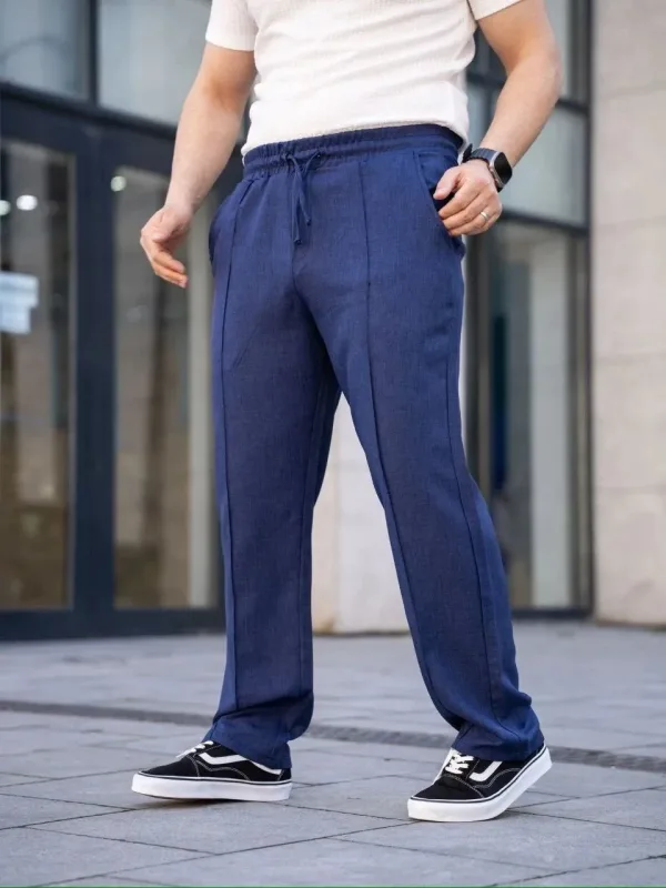 Muške tamnoplave udobne lanene jogger pantalone sa džepovima i šavovima 4