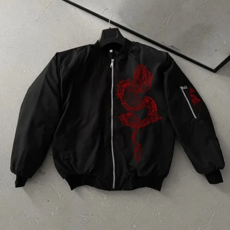Bomber Mont Negru cu Model Dragon Roșu, Cu Fermoar și Captuseală