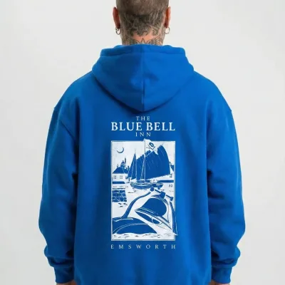 Férfi Sötétkék 3 Szálas Pamut Nyomott Kapucnis Zsebes Sweatshirt 4