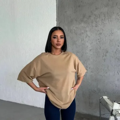 Kobiecy Beżowy Oversize Rowerowy Kołnierz Gładki Krótki Rękaw T-shirt 3