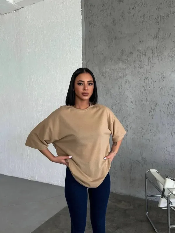 Kobiecy Beżowy Oversize Rowerowy Kołnierz Gładki Krótki Rękaw T-shirt 3
