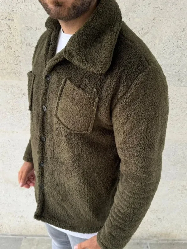 Pánský khaki fleecový svetr s límečkem, s knoflíky 3