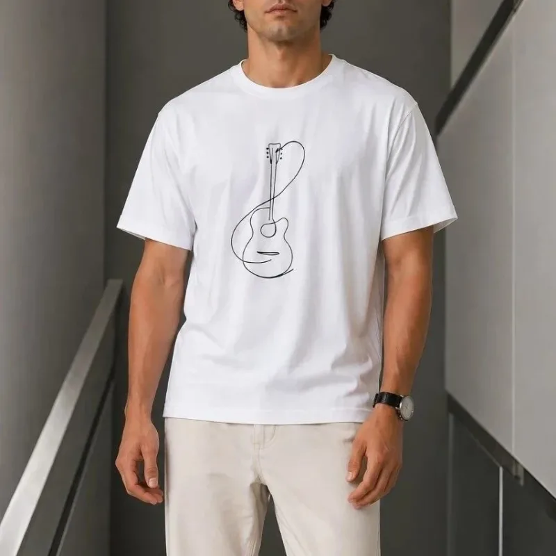 Muški bijeli oversize biciklistički ovratnik minimal gitara print majica