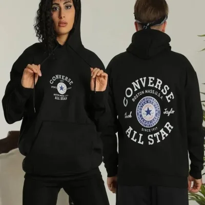 Sweatshirt për meshkuj i zi oversize me kapuç, 3 fije dhe printim në shpinë 4