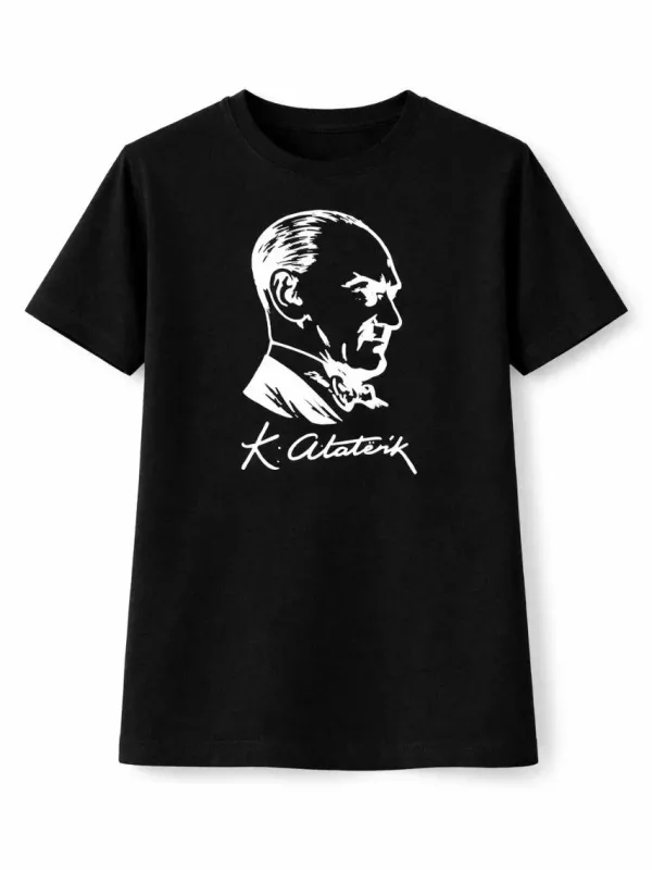 Dziecięcy czarny T-shirt z nadrukiem Atatürka, kołnierzyk rowerowy 1