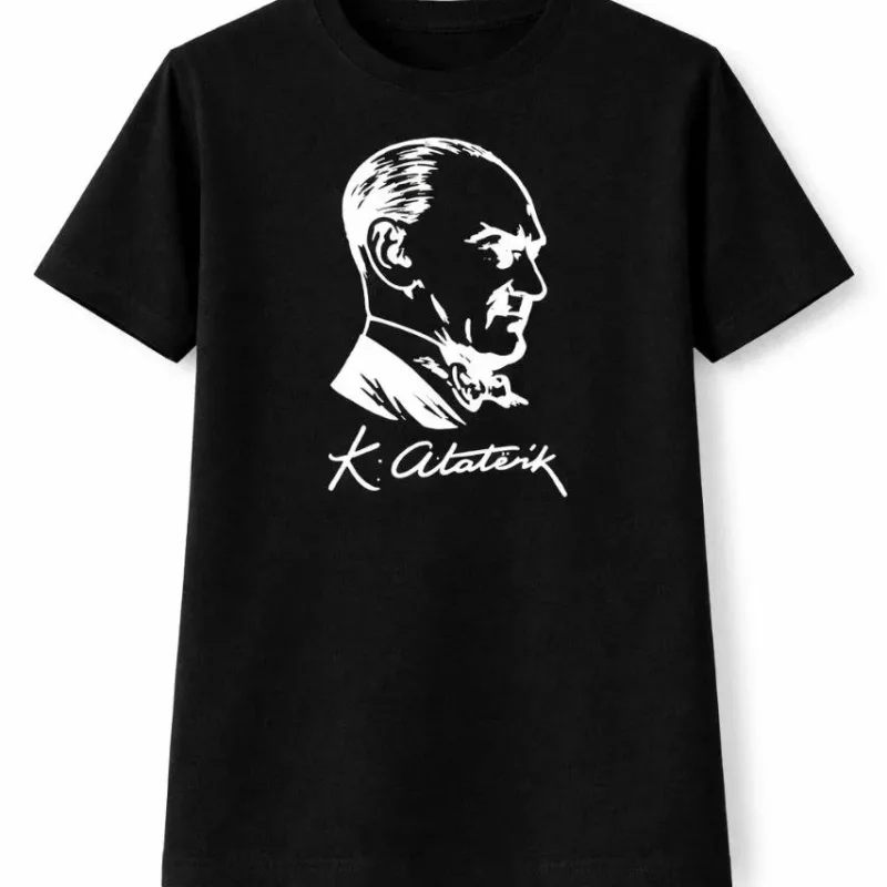 Dziecięcy czarny T-shirt z nadrukiem Atatürka, kołnierzyk rowerowy