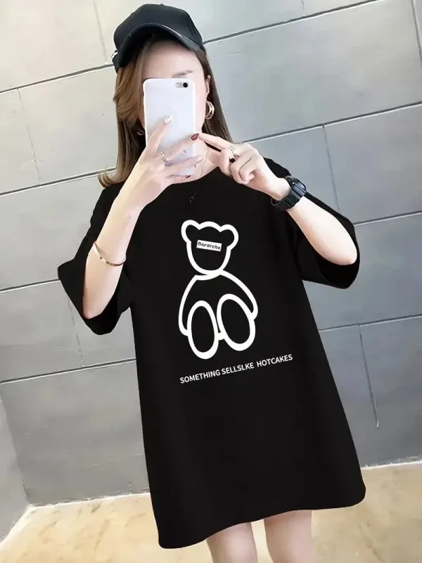 Γυναικείο Μαύρο Oversize Ποδηλατόλαιμο Τυπωμένο Πλεκτό Μπλουζάκι 4