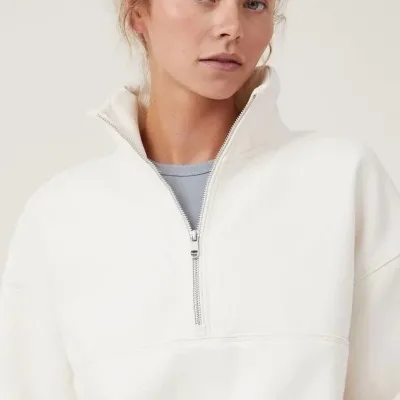 Women's White Oversize Half-Zip Cotton Basic Sweatshirt 4
