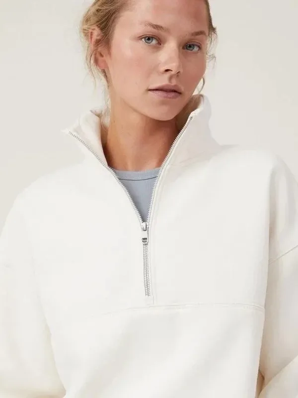 Women's White Oversize Half-Zip Cotton Basic Sweatshirt 4