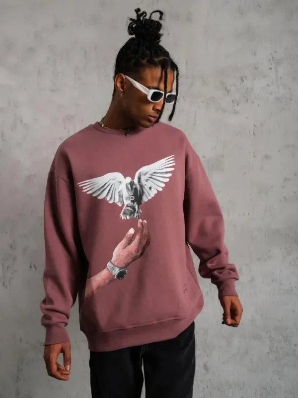 Férfi Rózsaszín Oversize Kerékpárnyakú Nyomott Sweatshirt 3