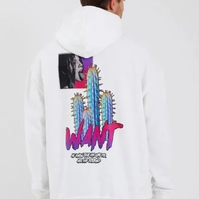 Ανδρικό Λευκό Oversize 3-κλωνο Βαμβακερό Φούτερ με Στάμπα και Κουκούλα 2