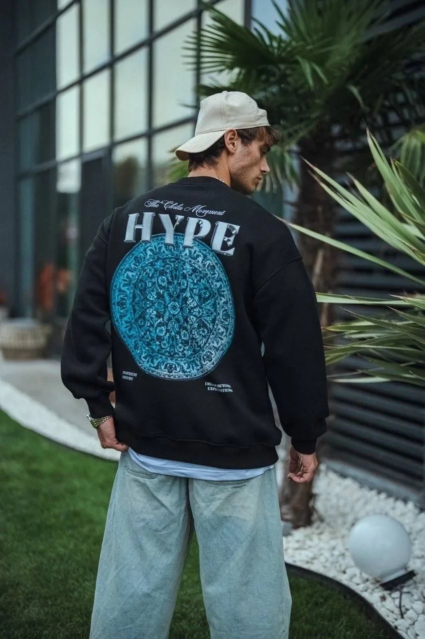 Ανδρικό Μαύρο Oversize 3-κλωνο Βαμβακερό με Τυπωμένο Σχέδιο Ποδηλατόλαιμο Sweatshirt