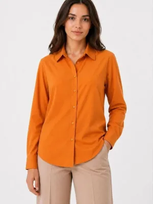 Women's Orange Classic Collar Buttoned Long Sleeve Daily Office Shirt