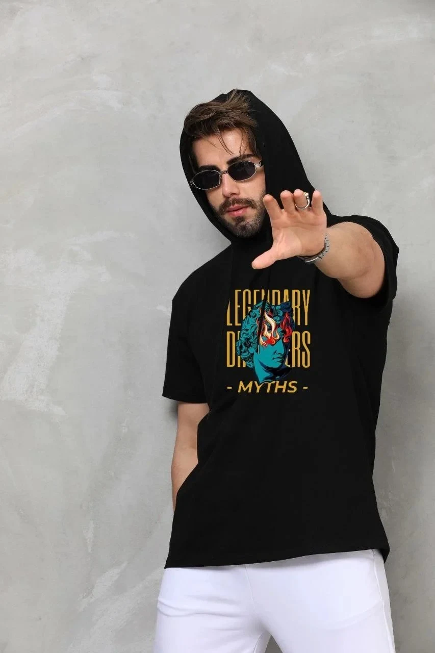 Машки црн oversize качулка безракавна печат маица
