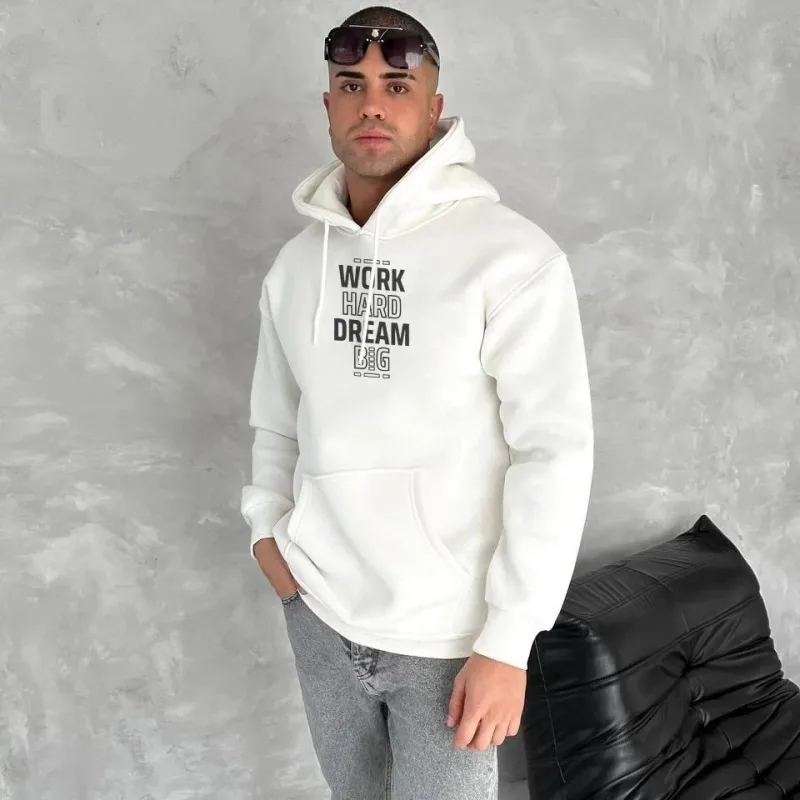 Men's White 3-Thread Cotton Printed Kangaroo Pocket Hoodie Sweatshirt