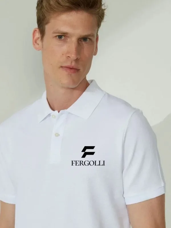 Férfi Fehér Pike Polo Galléros Gombos Nyomott Póló 2