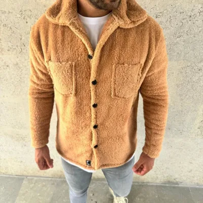 Pánský světle hnědý svetr s límečkem, fleecový, s knoflíky 3