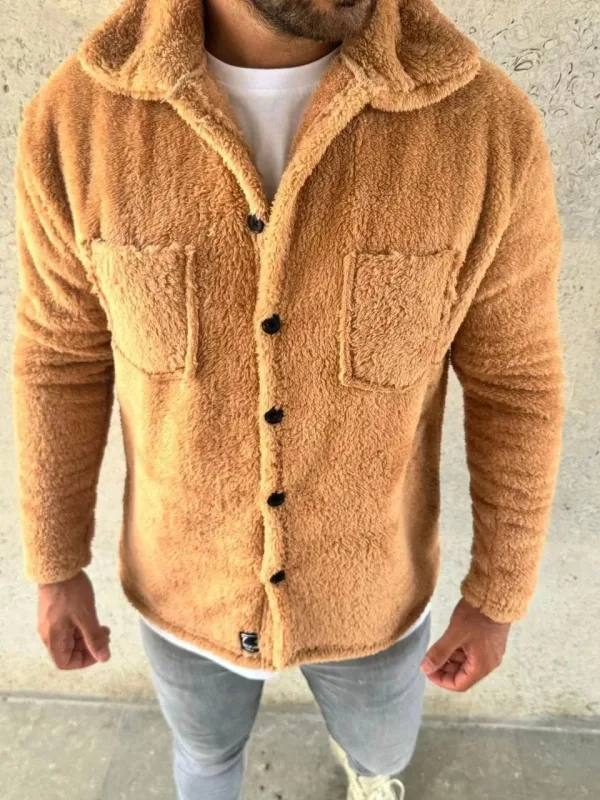 Pánský světle hnědý svetr s límečkem, fleecový, s knoflíky 3