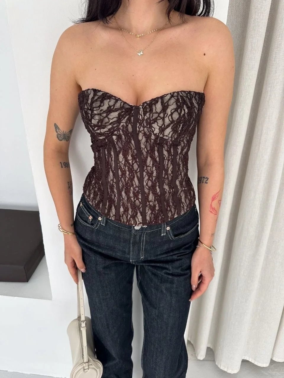 Kadın Kahverengi Transparan Dantel Korse Straplez Crop Top