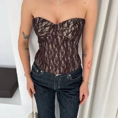 Dámský hnědý průhledný krajkový korzet, straplez crop top 1