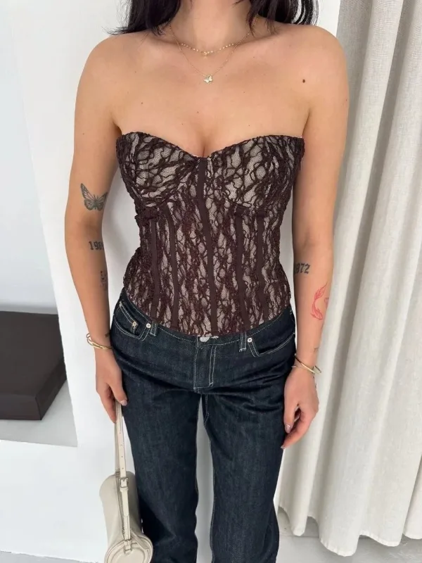 Women's Brown Transparent Lace Corset Strapless Crop Top
