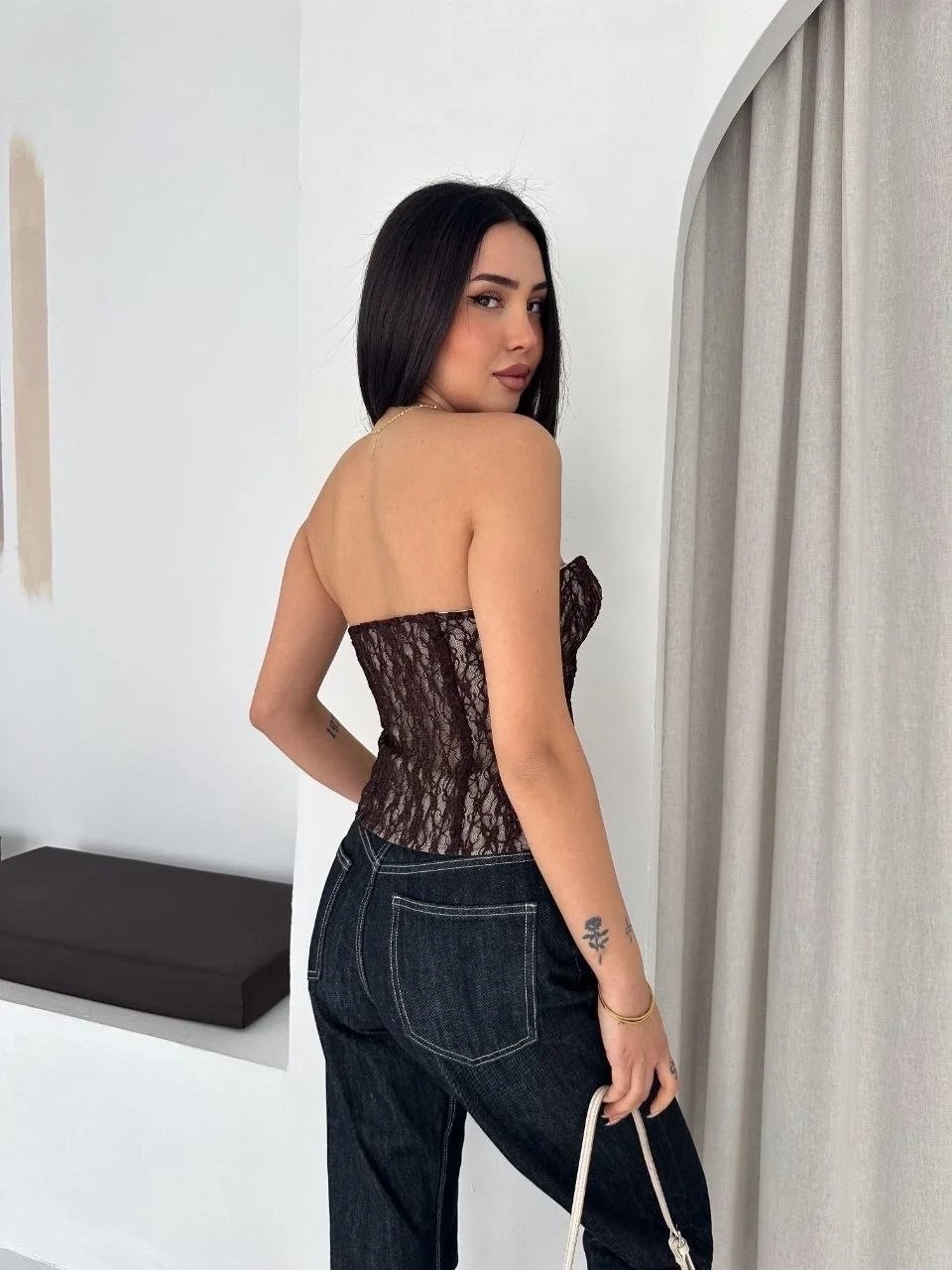 Kahverengi Transparan Dantel Korse Straplez Crop Top 4