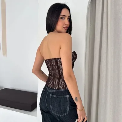 Dámský hnědý průhledný krajkový korzet, straplez crop top 4